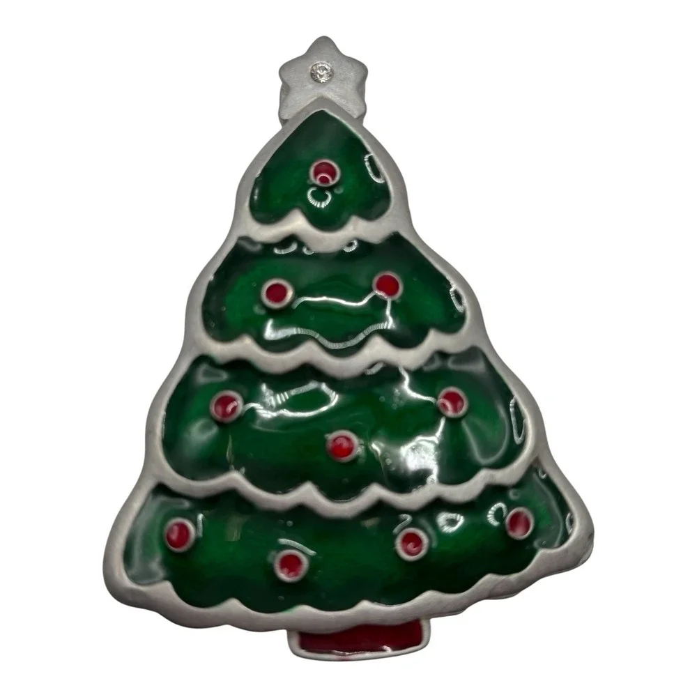 Christmas Tree Trinket Box Green Enamel Cast Metal Holiday Keepsake Gift Decor